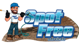 The logo for spot free services shows a man holding a high pressure washer.