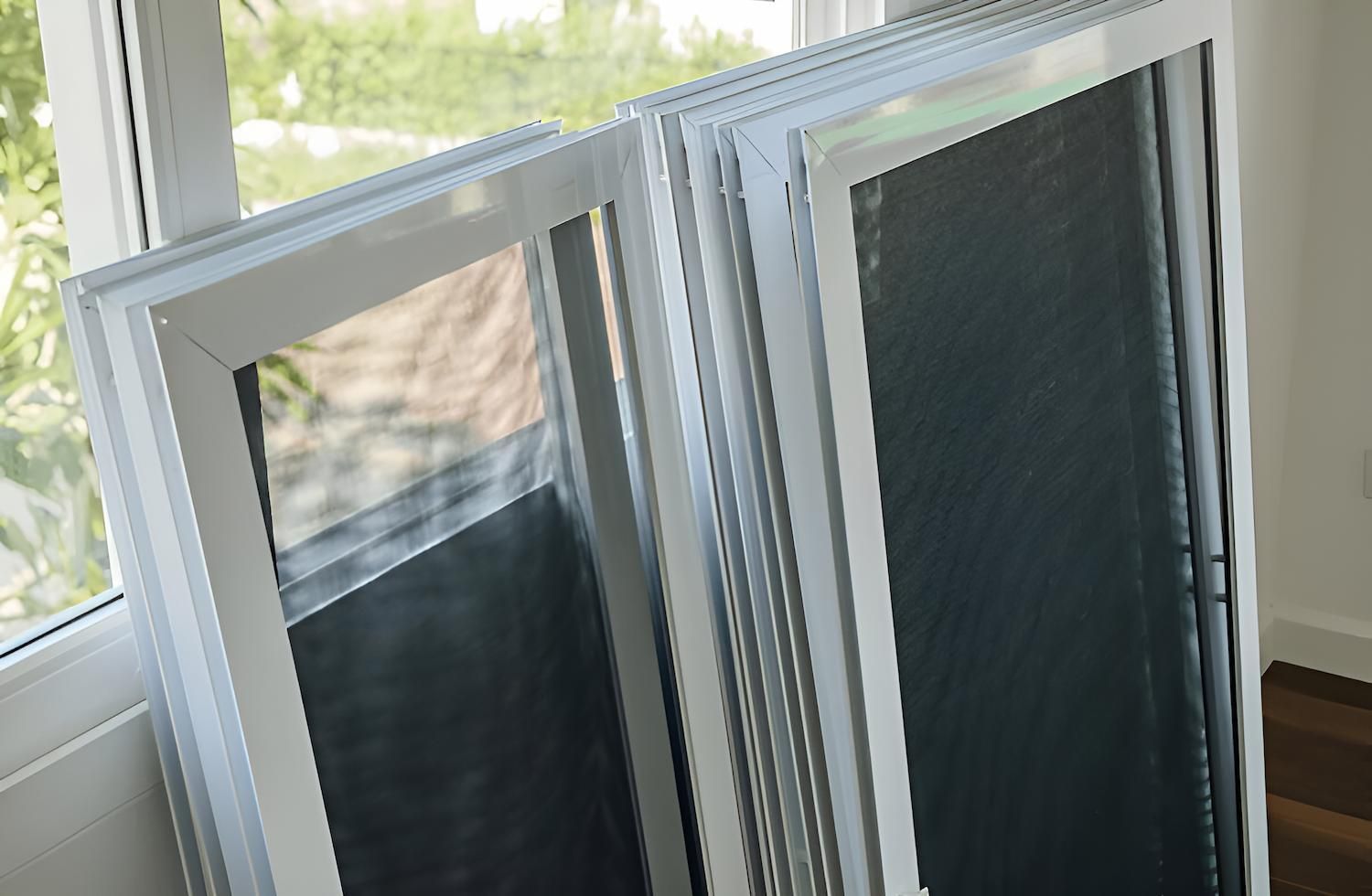A Stack of Mosquito Screens Sitting on Top of Each Other in Front of a Window — Manning Blinds & Awnings in Old Bar, NSW