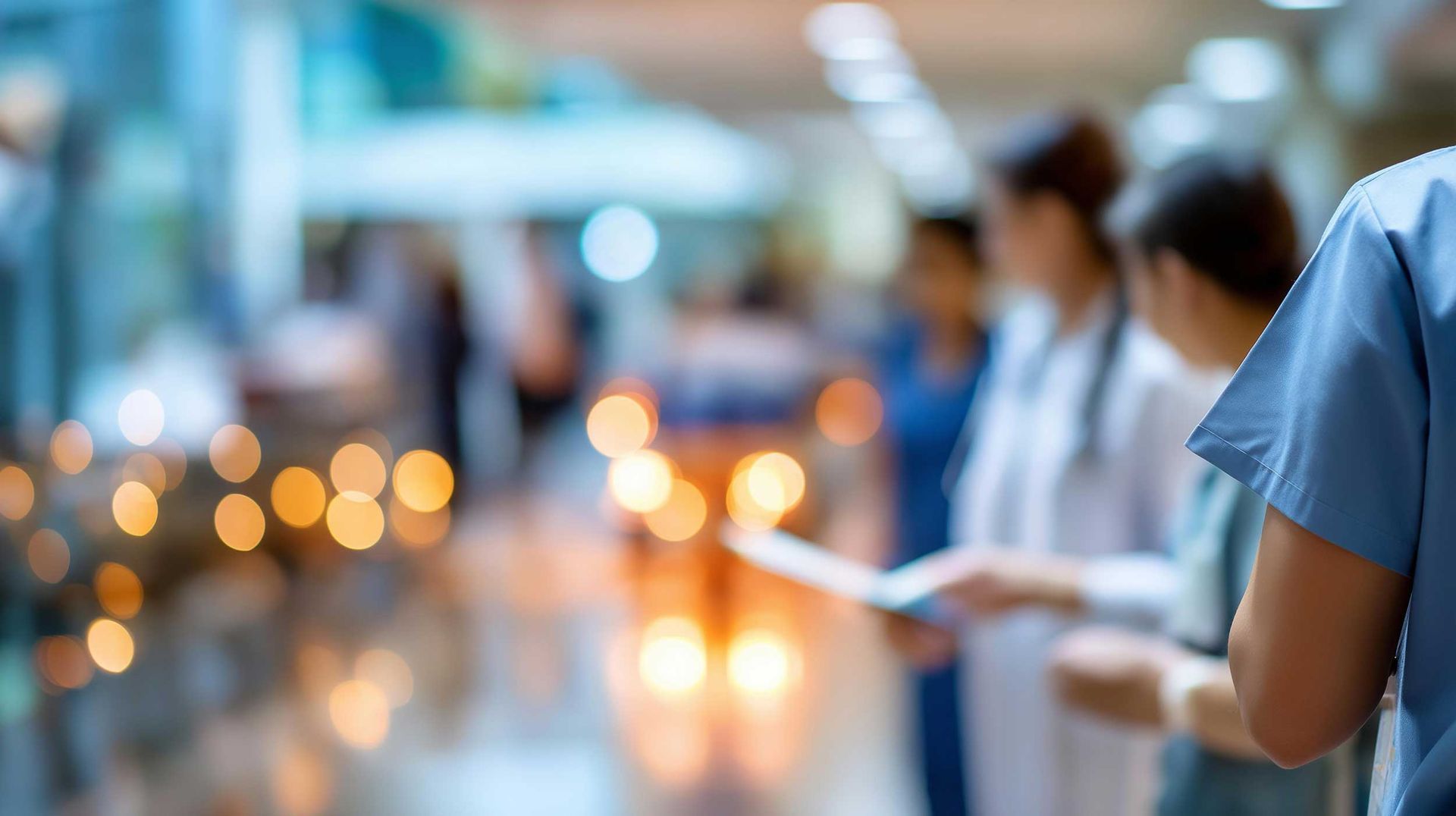 Hospital scene with medical staff in blue scrubs and lab coats collaborating in urgent care.