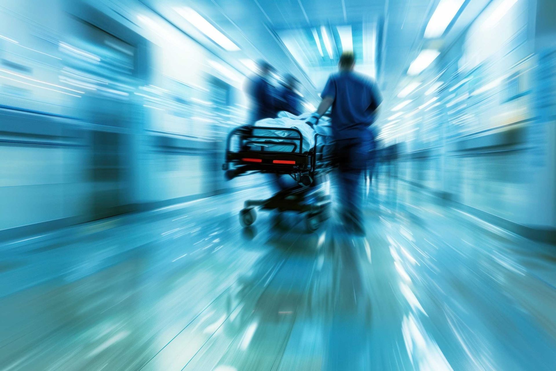 Emergency medical doctors rush a patient on a gurney for urgent care in a blurred hospital hallway.