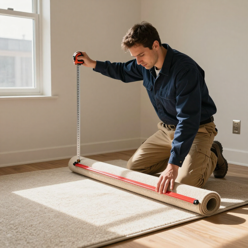 A person kneeling on a floor uses a tape measure and a straight edge to measure a roll of carpet in a bright room.