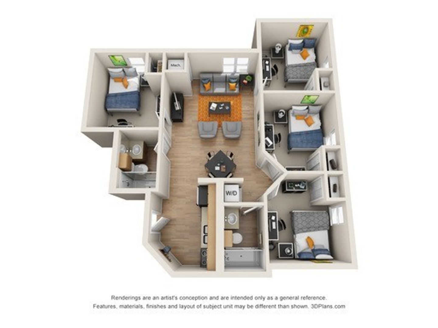 A 3d floor plan of a house with three bedrooms and a living room.