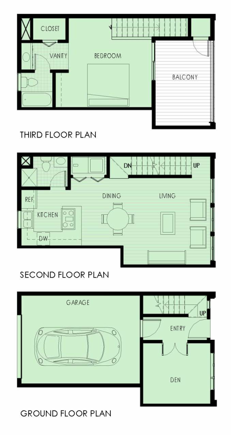 A floor plan of a house with three floors and a garage.