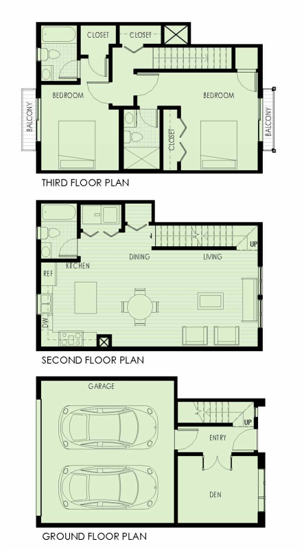 A floor plan of a house with three floors and a garage