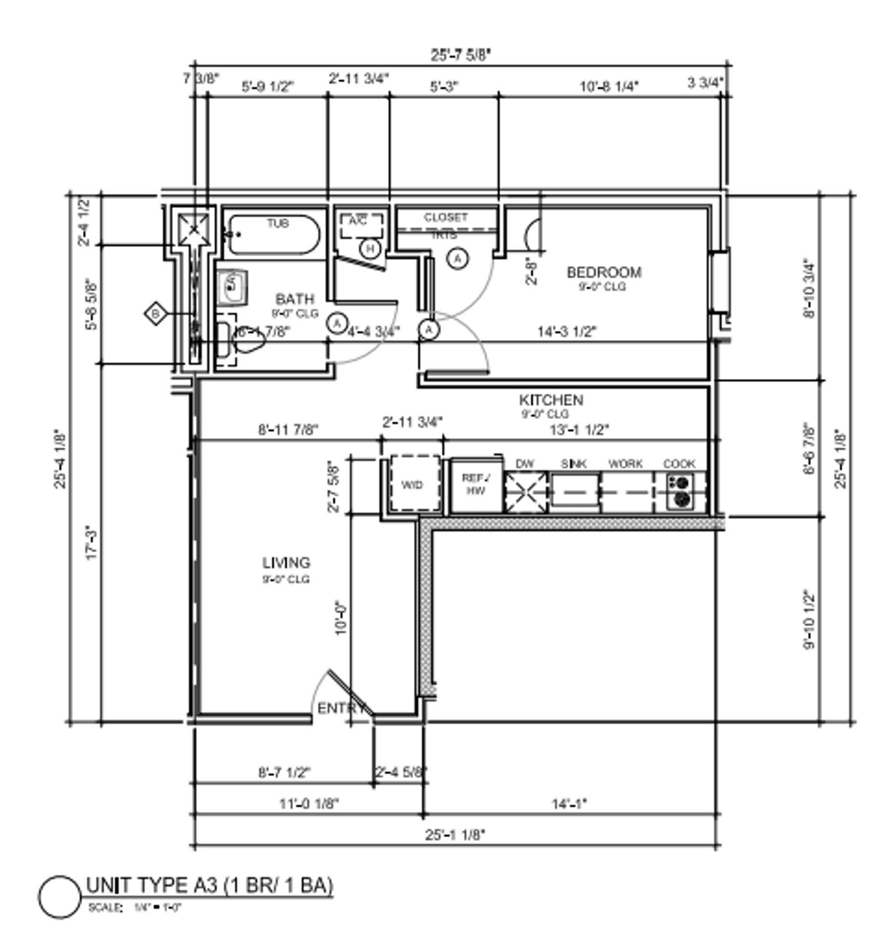 A black and white floor plan of a single bedroom apartment.