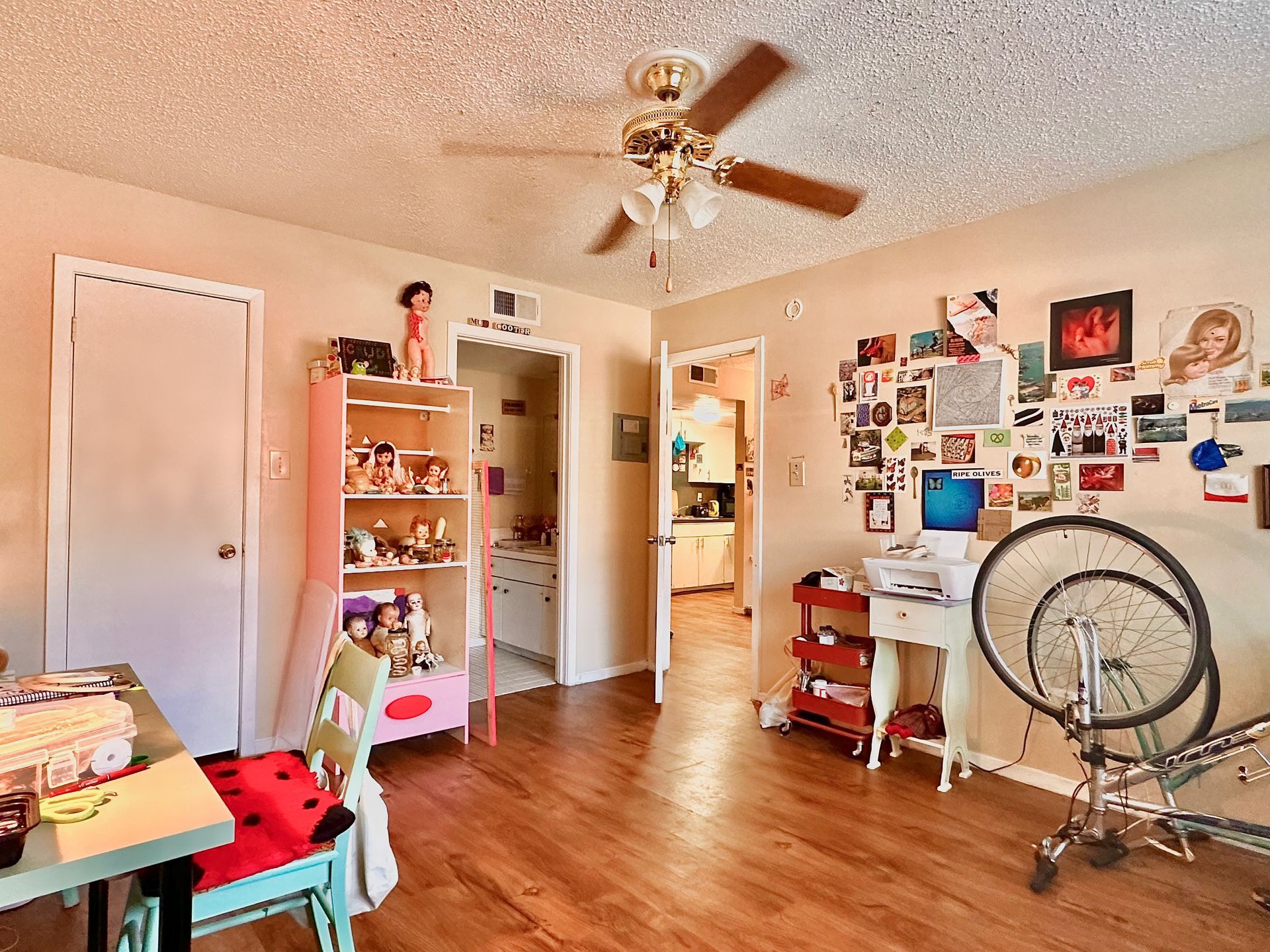 A living room with a ceiling fan and a bicycle on the floor.