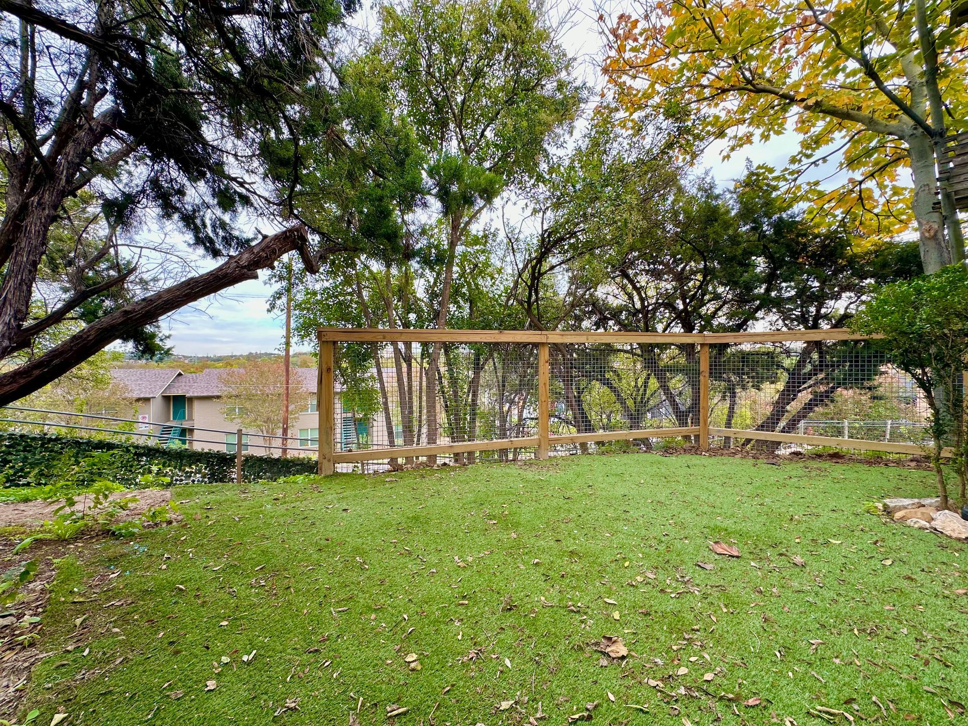 A backyard with a wooden fence and trees in the background.