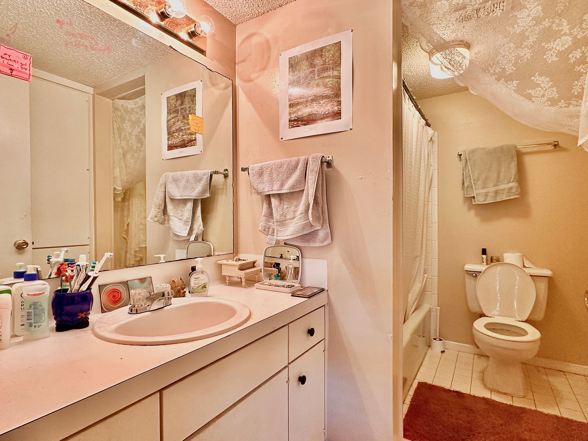 A bathroom with a sink , toilet and shower.