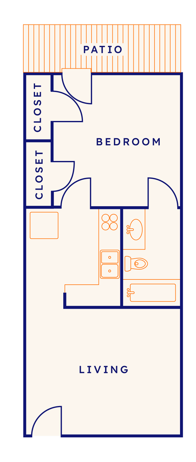 A floor plan of a bedroom apartment with a patio.