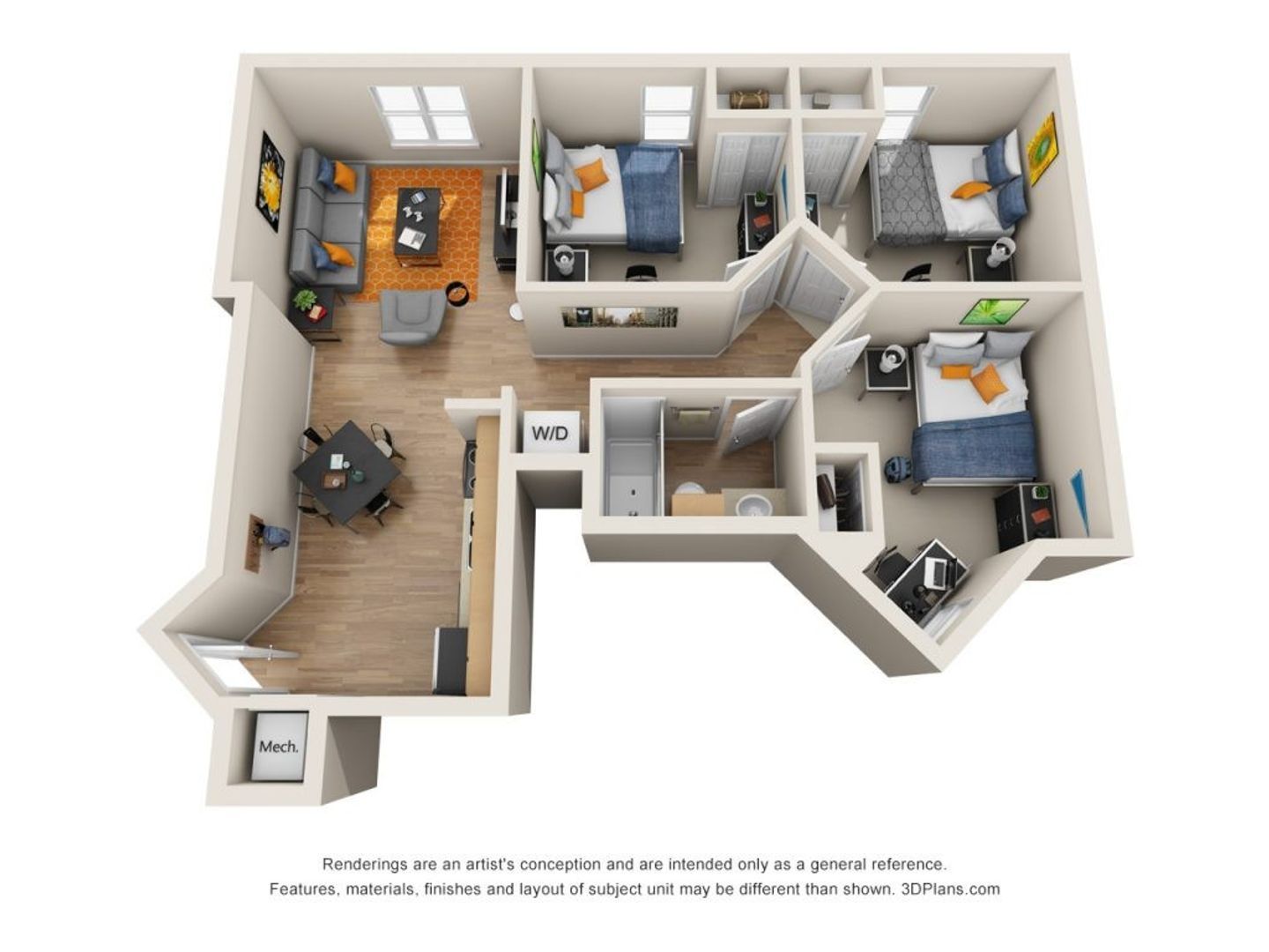 A 3d floor plan of a house with three bedrooms and a living room.