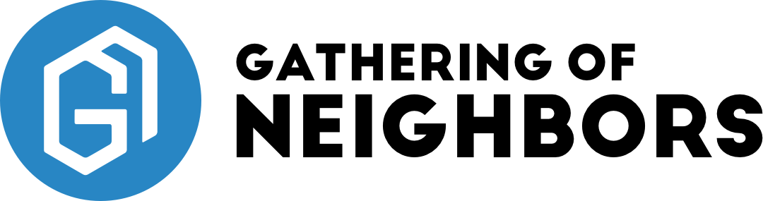 The logo for gathering of neighbors is a blue hexagon with the words `` gathering of neighbors '' written on it.