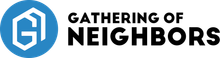 The logo for gathering of neighbors is a blue hexagon with the words `` gathering of neighbors '' written on it.