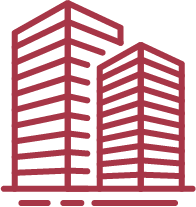 A red line drawing of two tall buildings on a white background.