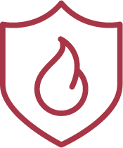 A red shield with a fire flame inside of it.