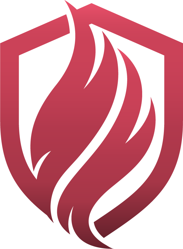 A red shield with a flame inside of it.