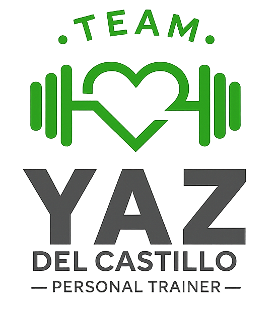 Logotipo verde del EQUIPO con una mancuerna en forma de corazón y el texto del entrenador personal “YAZ DEL CASTILLO”.
