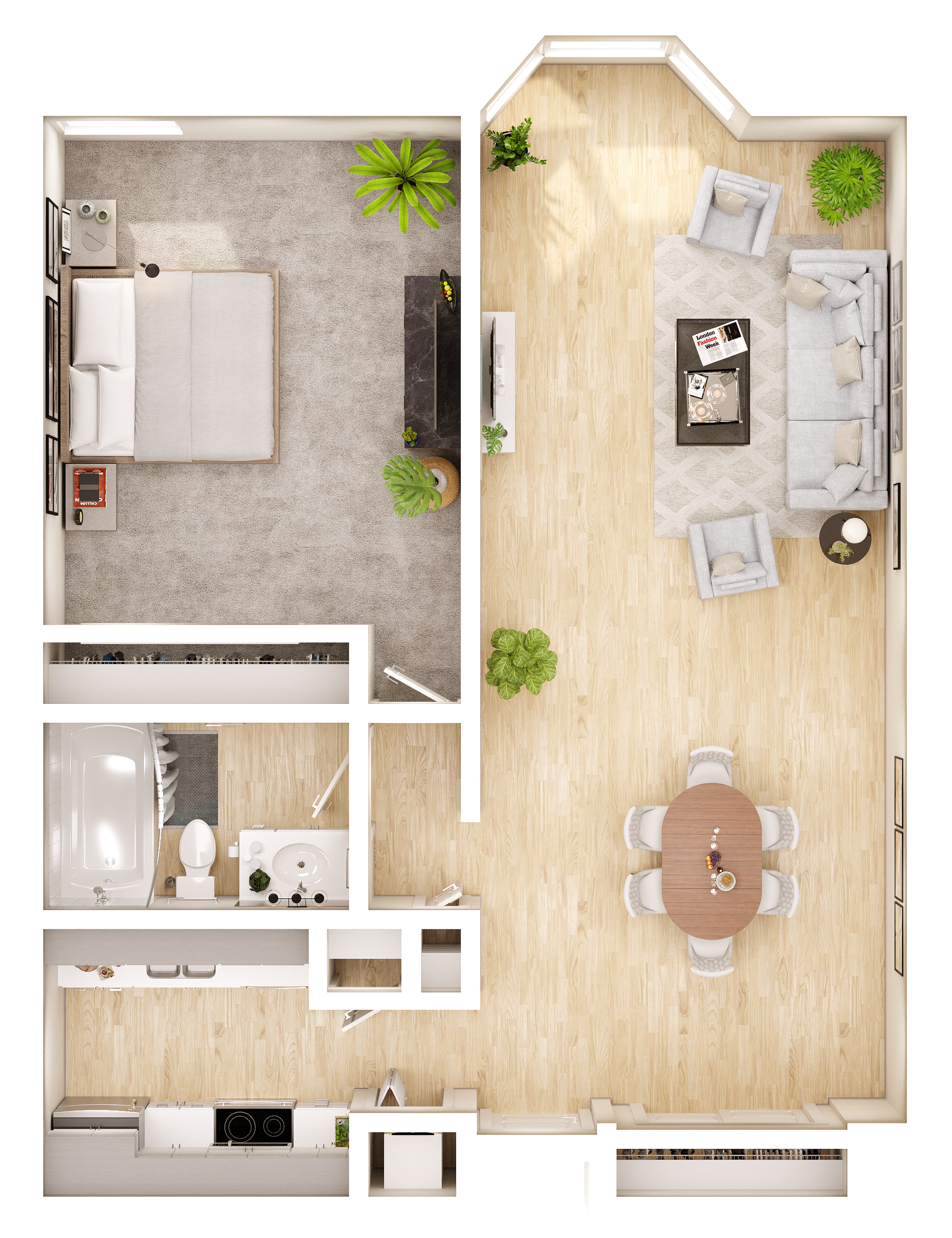 A floor plan of a house with a bedroom , living room , dining room , and bathroom.