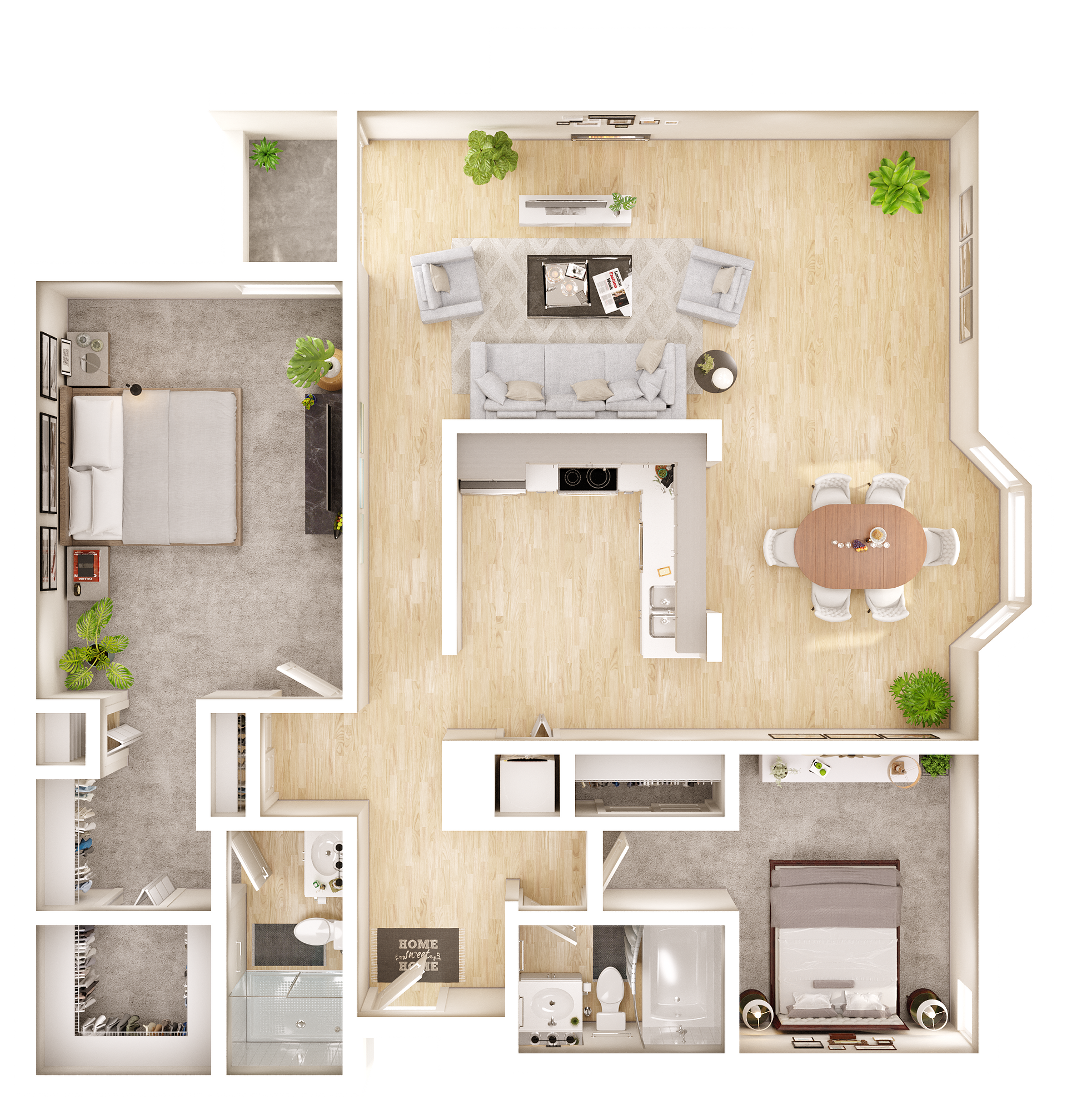 An aerial view of a floor plan of a house.