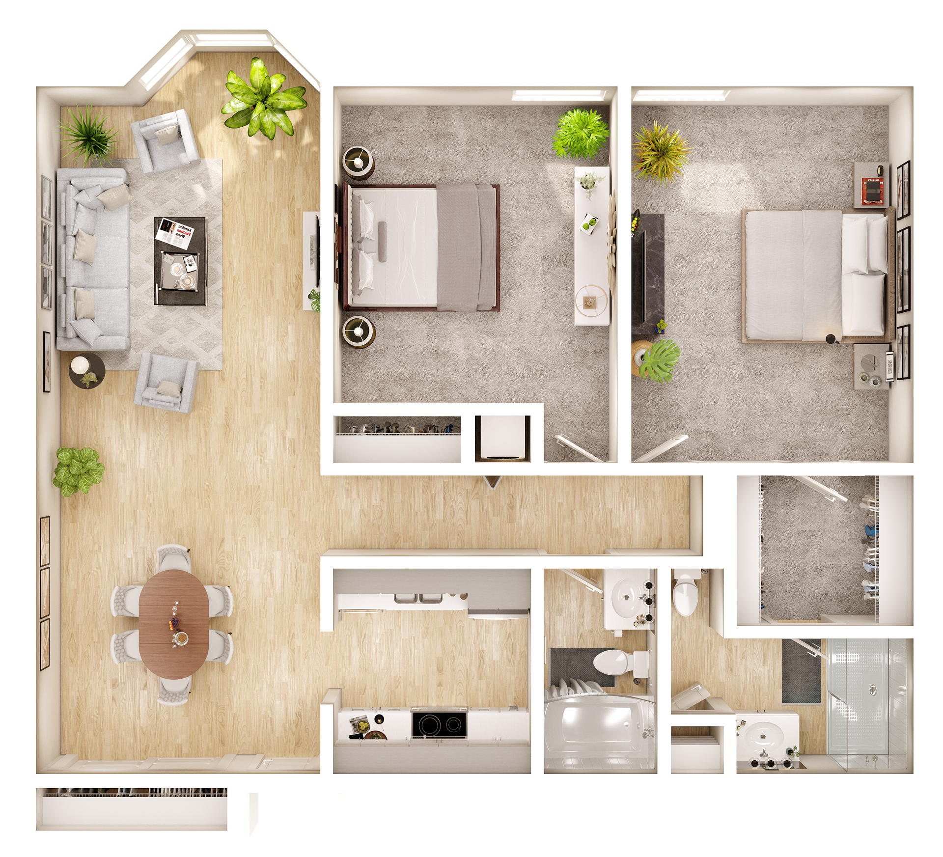 An aerial view of a floor plan of a house.