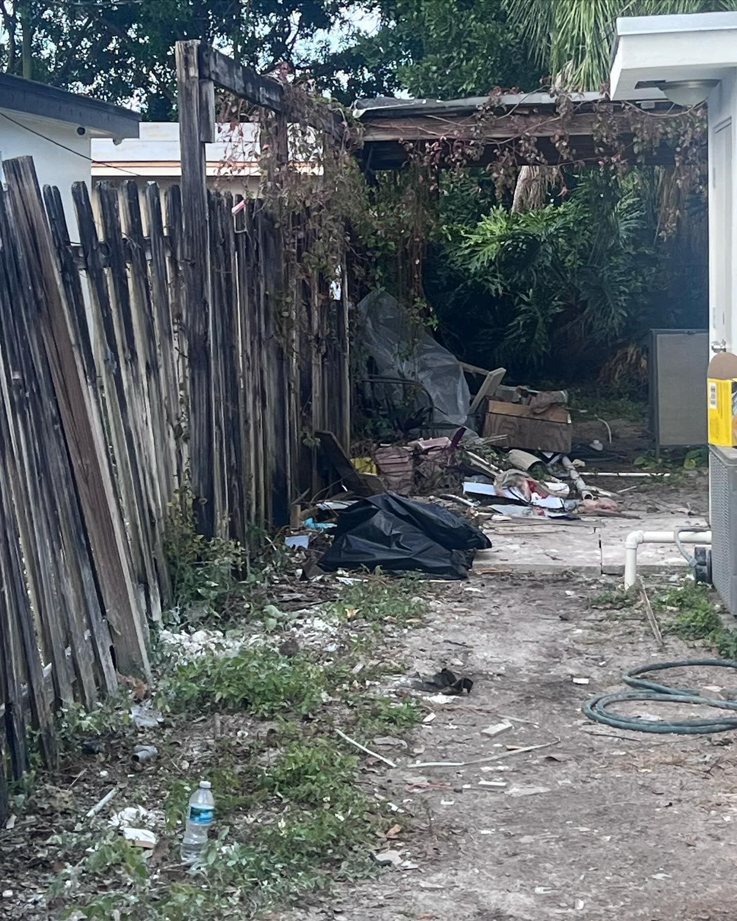 A neglected backyard scene with a weathered wooden fence, overgrown foliage, scattered debris, and a black plastic bag.