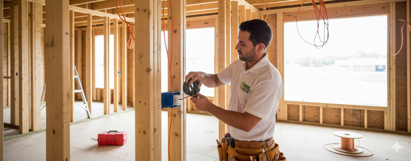Electrician installing electrical box in new construction.