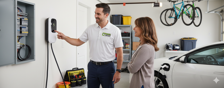 Man demonstrating an EV charger to a woman in a garage, near an electric car.