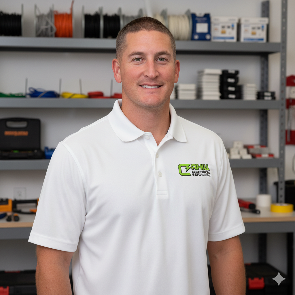 Man in white polo shirt smiles, standing in a workshop with electrical supplies in the background.