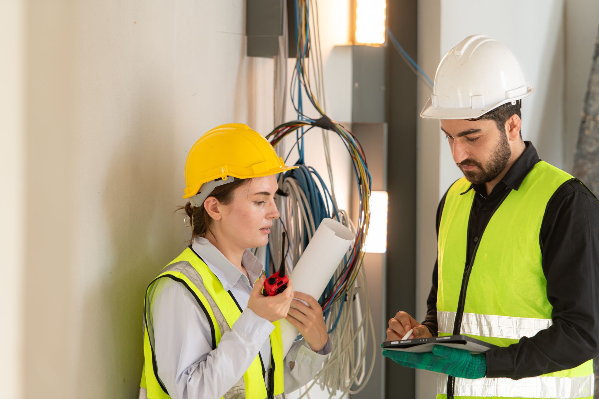 Two construction workers, one in yellow hard hat holding paperwork, the other in white hard hat taking notes by wires.