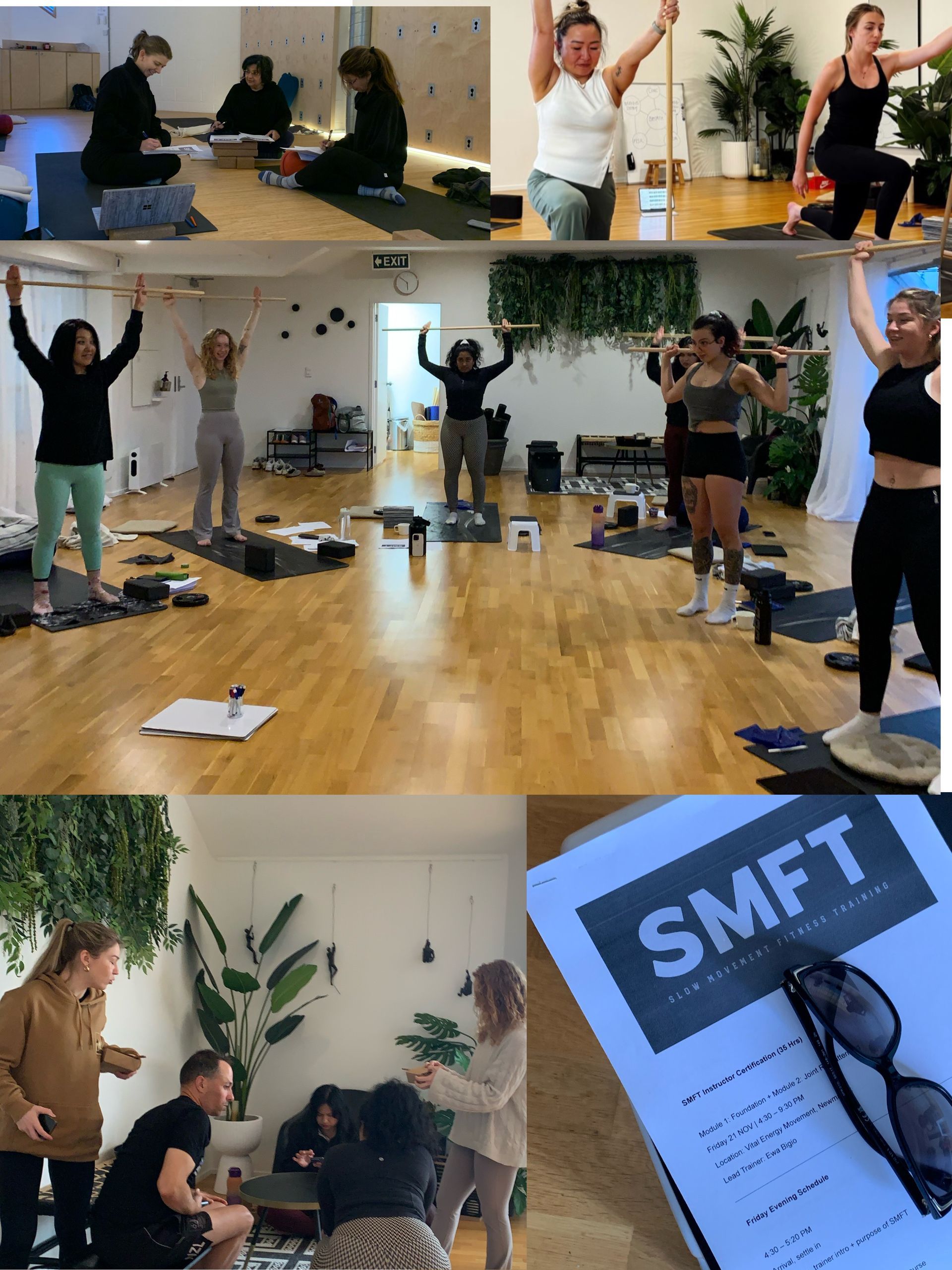 People exercising in a studio with weights and equipment, including a document labeled SMFT.