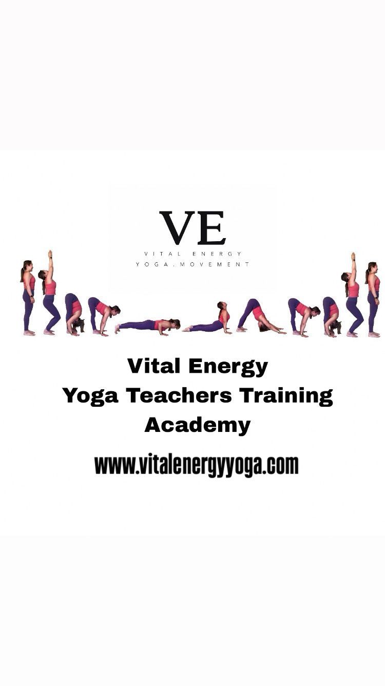 Logo for Vital Energy Yoga. Shows yoga poses in a sequence with website address.