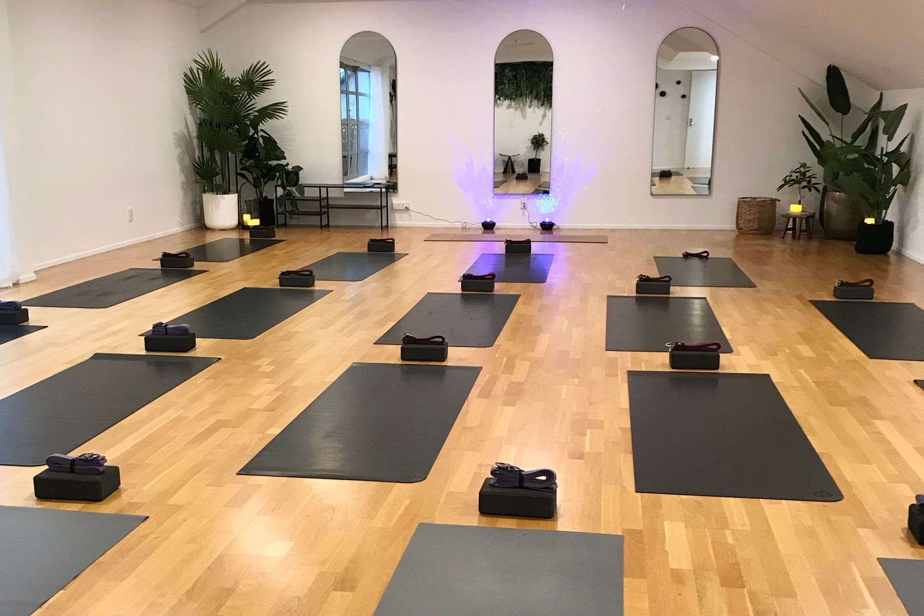 A yoga studio filled with lots of yoga mats on a wooden floor.