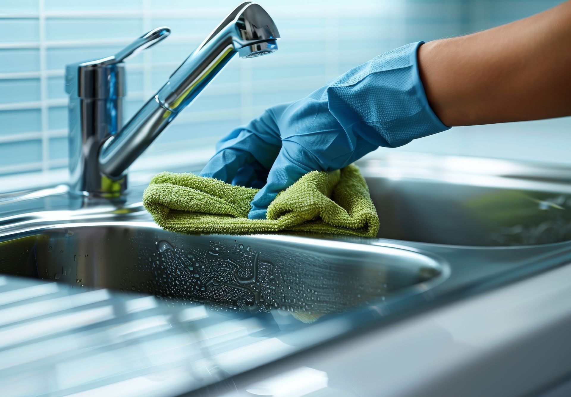 Person wearing blue gloves wiping a stainless steel sink with a green cloth.