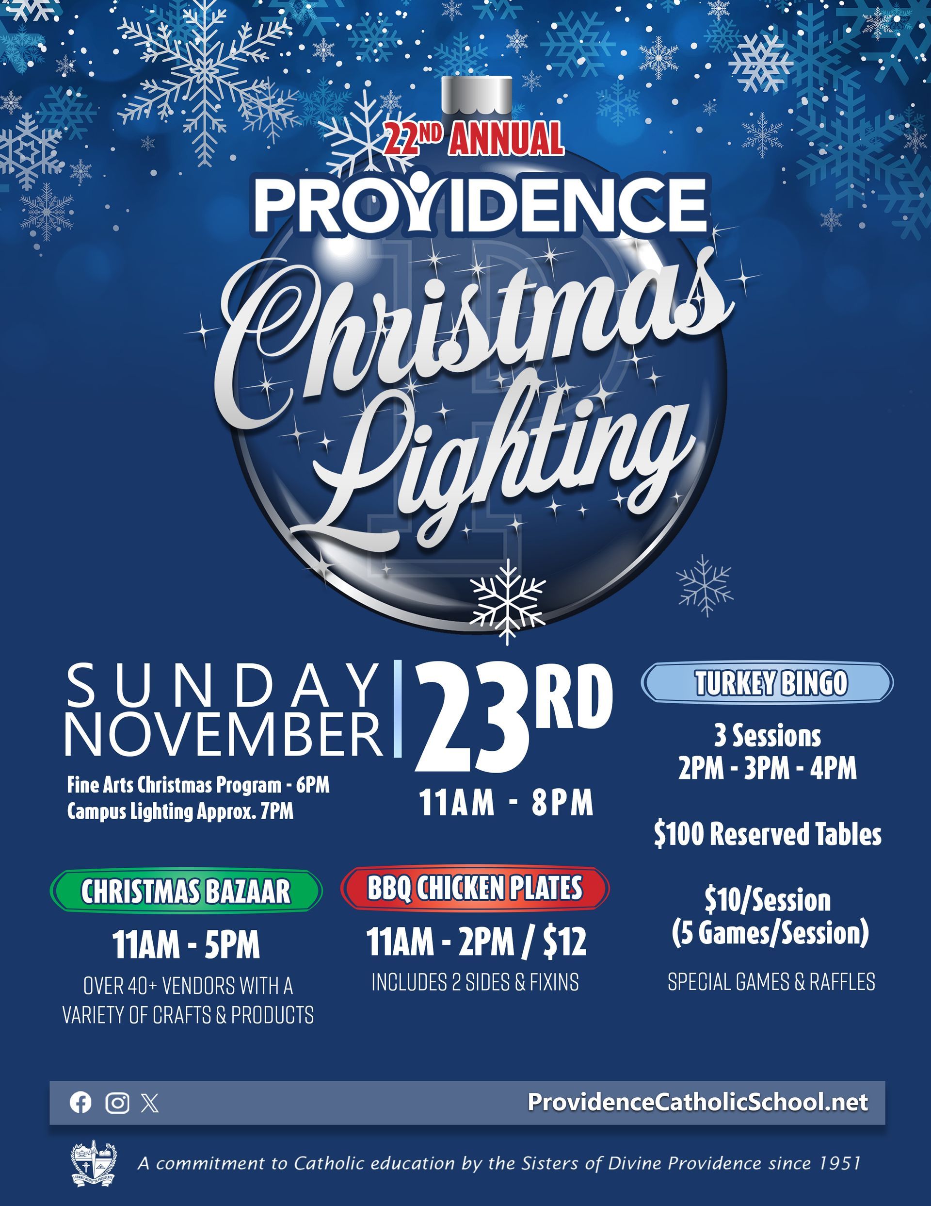 A logo for providence christmas lighting with a blue ornament