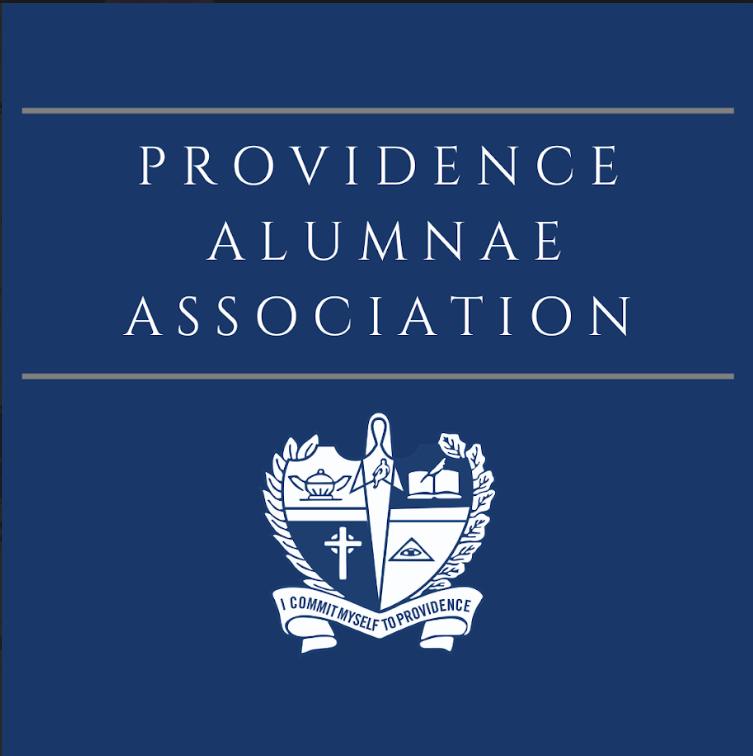 Providence alumnae association logo on a blue background