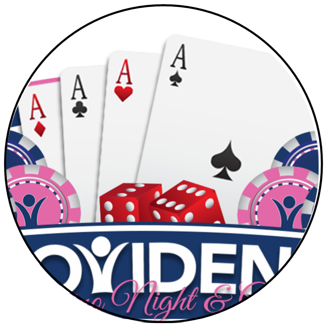 A logo for boyden night and casino with playing cards and dice