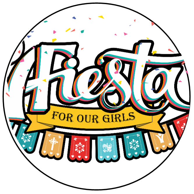 Fiesta for our girls logo with colorful flags and confetti