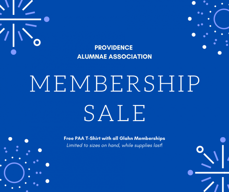 A blue poster for a providence alumni association membership sale