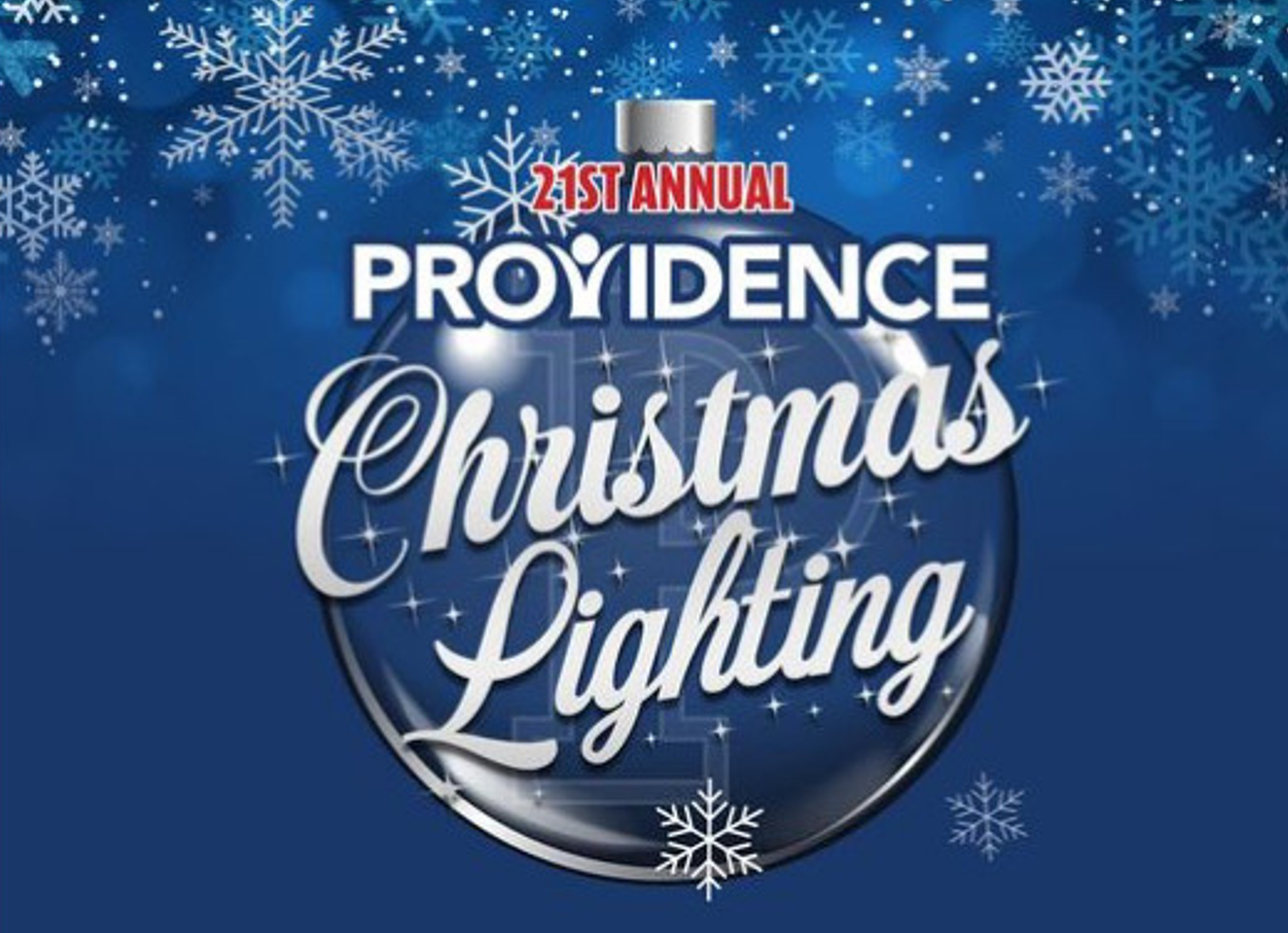 A logo for providence christmas lighting with a blue ornament