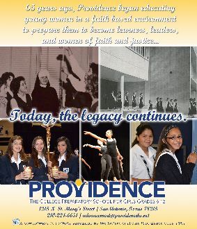 An advertisement for providence high school shows a group of young women.