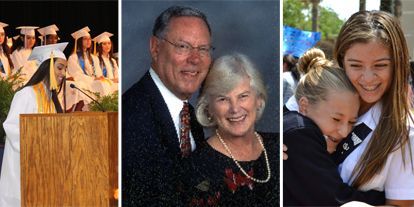 A collage of three pictures shows a woman in a graduation cap and gown