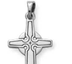 A silver cross pendant on a white background.