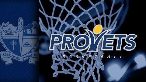 A logo for the provets basketball team with a basketball net in the background