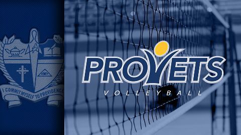 The logo for the provets volleyball team is on a blue background.