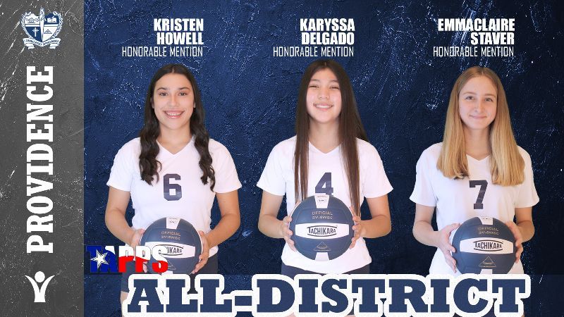 Three girls are holding volleyballs in front of a providence all-district banner