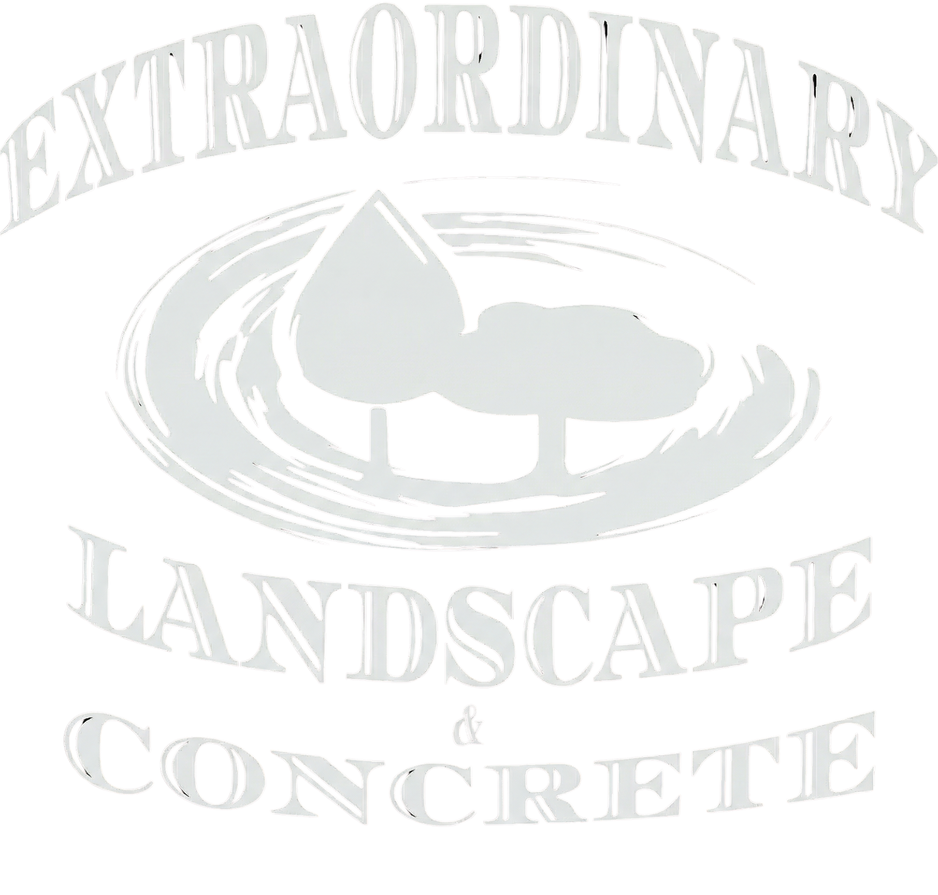 Logo for Extraordinary Landscape & Lawn Care, featuring trees within a white brushstroke oval and text.