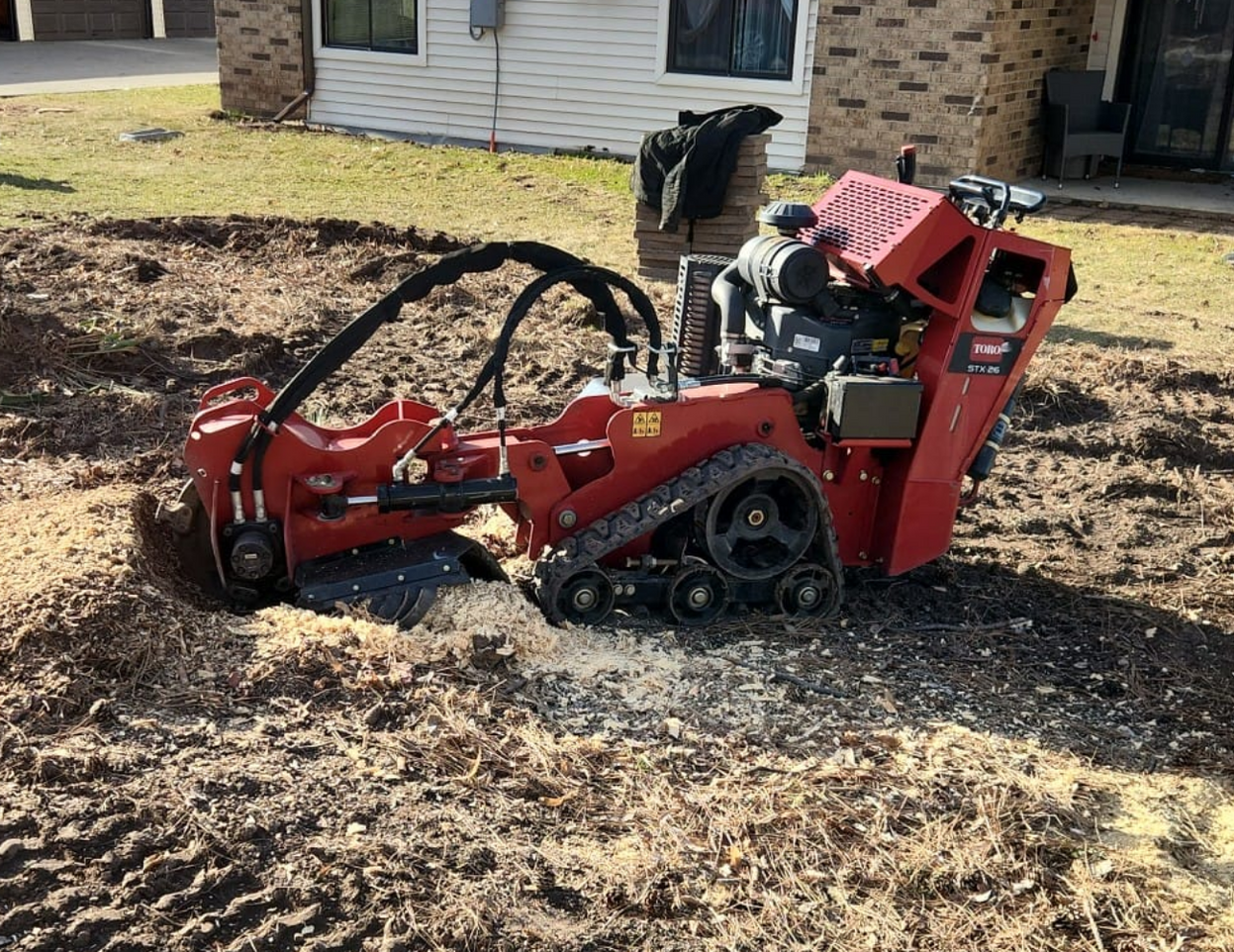 Red stump grinder, tracked, grinding a tree stump in a yard.