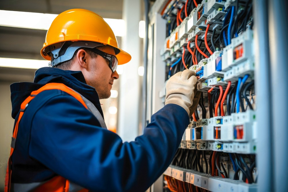 a man wearing a hard hat and safety vest is working on an electrical box .