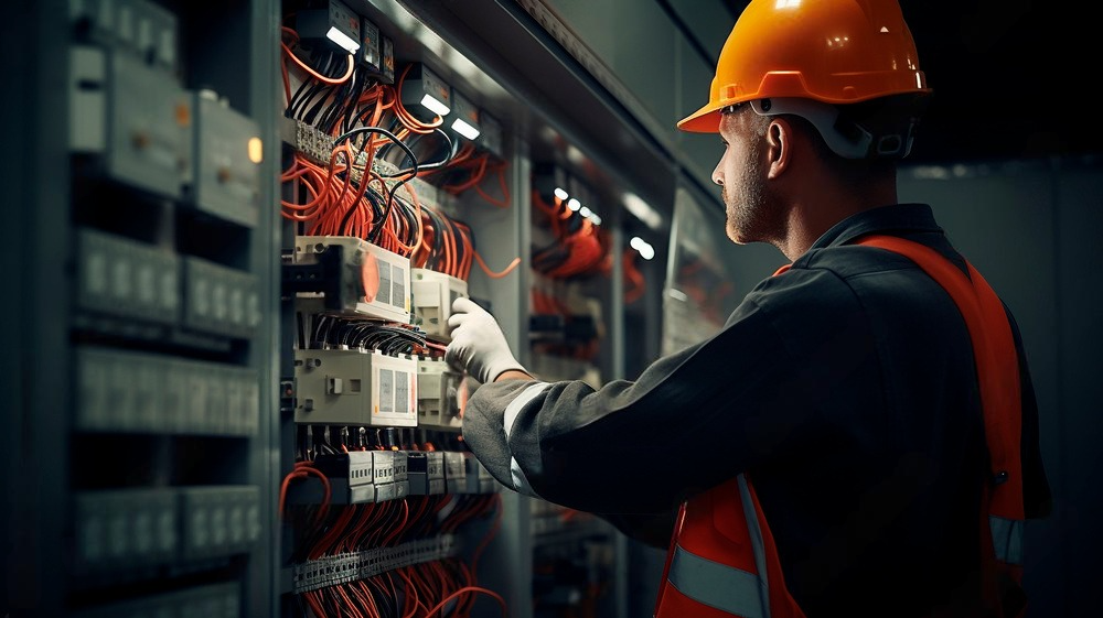 a man in a hard hat is working on an electrical panel .