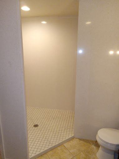 A bathroom with a walk in shower and a toilet.
