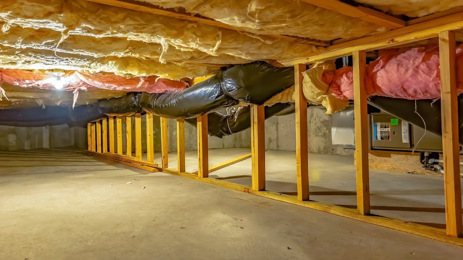 Crawlspace under a house with exposed insulation, yellow support posts, ductwork, and a concrete floor.